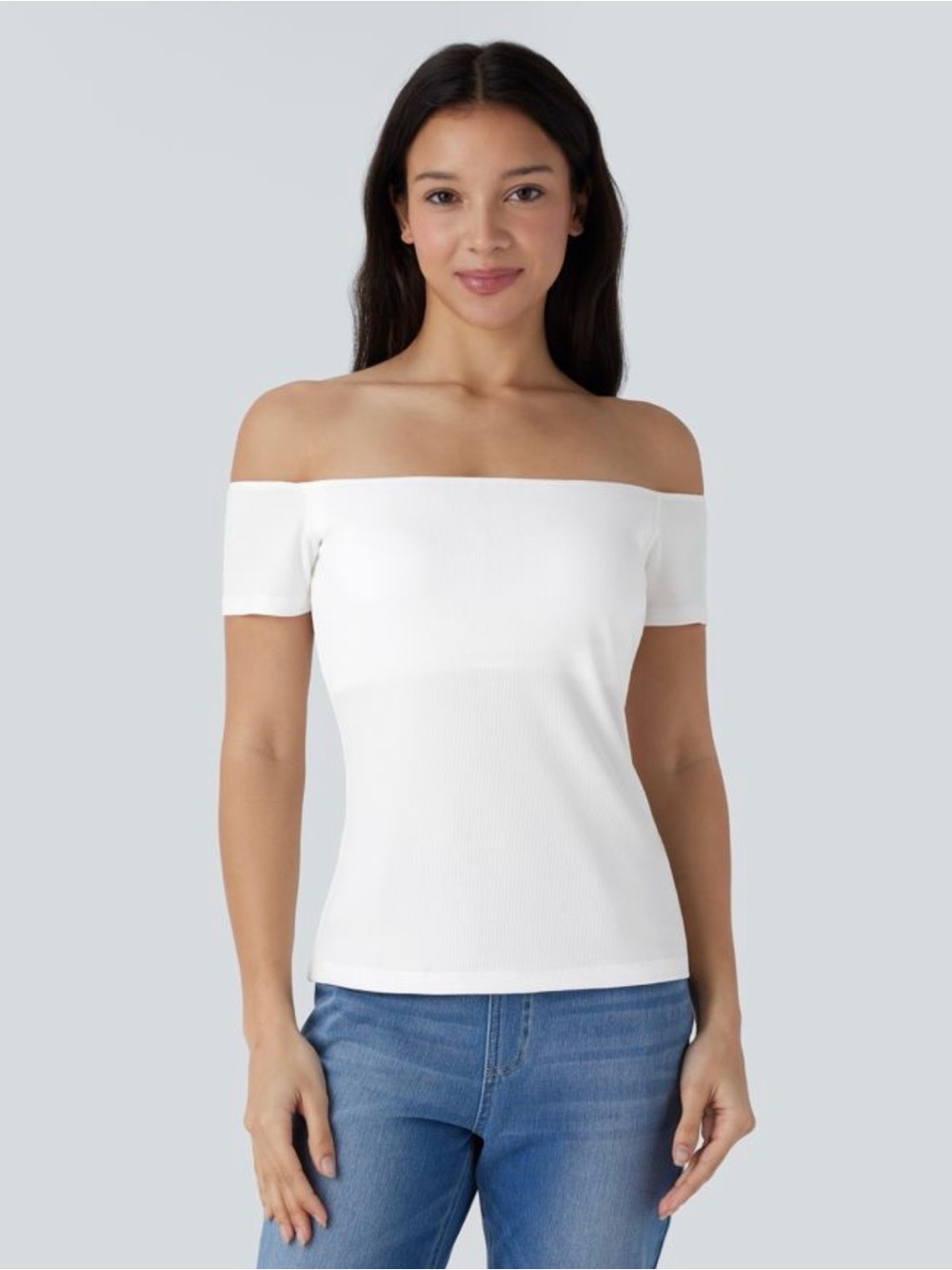 Halara Ribbed Knit Off Shoulder Short Sleeve 2-in-1 Casual Top White Large